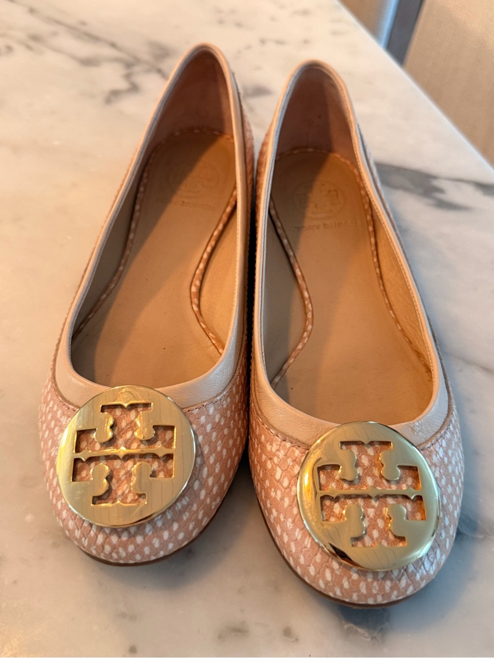 Tory Burch Pink and Tan Logo Medallion Flats
